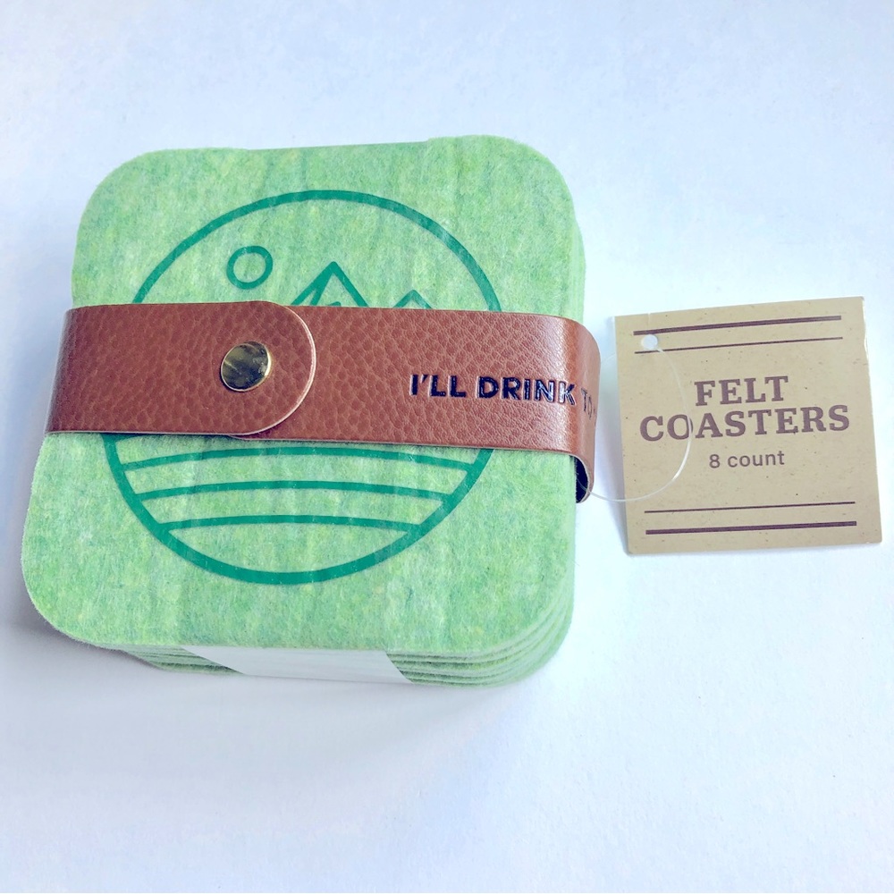 2/$20 NEW Felt Coasters 8 Pack 4” x 4” Green